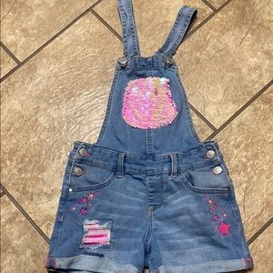 Jordache Size 7/8 Blue and Pink Short Overalls with Distressed Details Spring